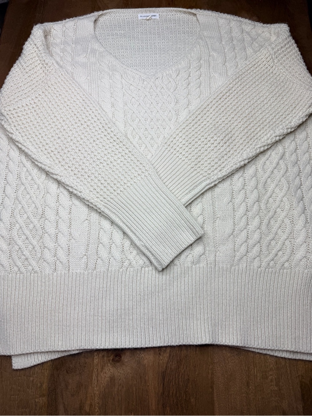 Blushing Heart Women’s Cream Cable-Knit V-Neck Sweater